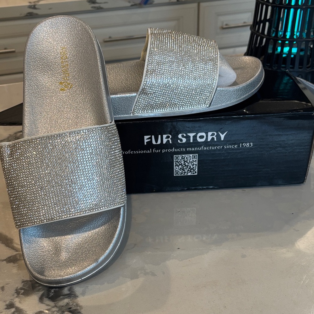 Women's Silver Crystal Slide Sandals